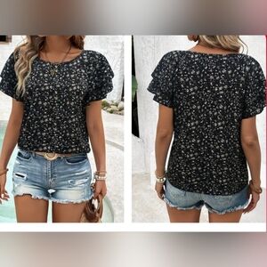 Women's Black Floral Short Sleeve Top